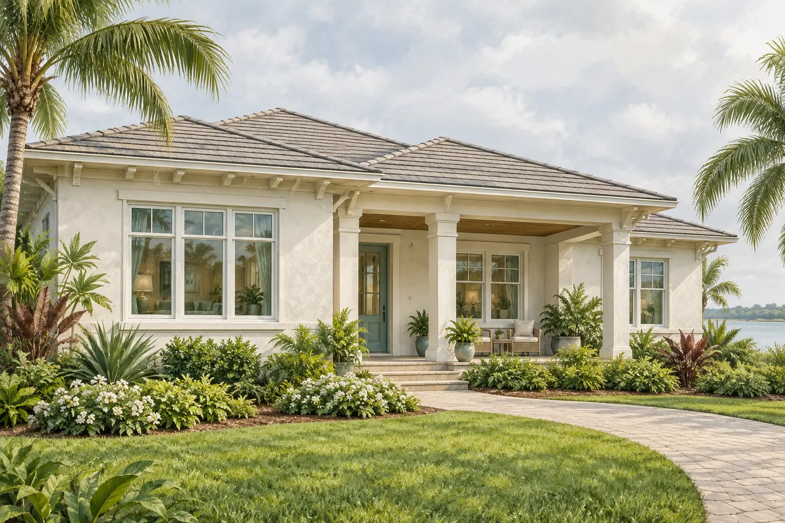 AI-generated conceptual illustration of a light stucco single-story home with multiple windows and tropical landscaping; not an actual property or exact product.